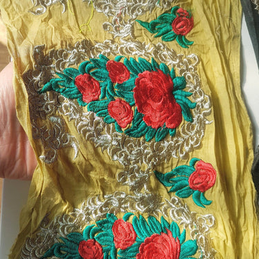 Black / Olive Green Silk Fabric Trim With Red, Green And Gold Floral Rose Embroidery, Indian Laces